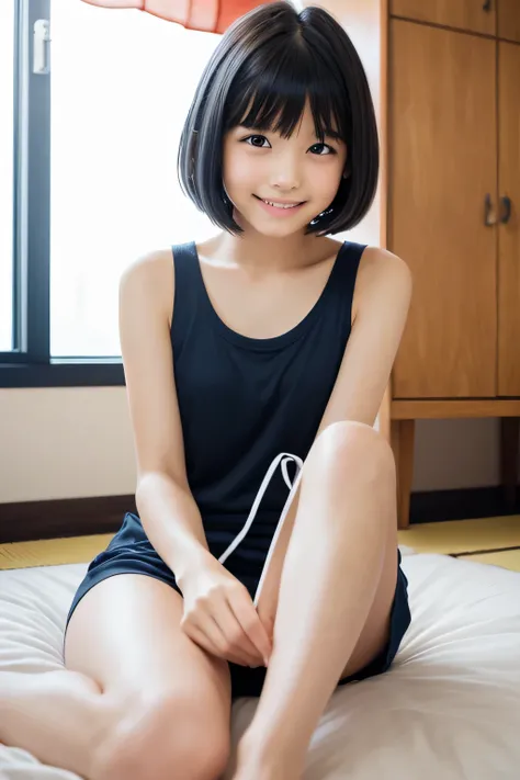 One girl,summer,Inside the room,Bed,Sit down,Down to the feet,Black Hair,Short Bob,Navy Blue,Tank top,A big smile,6th grade elementary school,Japanese,single eyelid,Cute face,front,Look here,transparent,  Soft Light,(masterpiece, Highest quality), Structur...