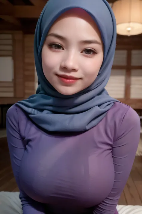 adorable, 1 girl, (face to face), 10 years old, baby face, happy, half body portrait, (face details: 1), (eye details: 1), ((big breasts)). wearing light blue long shirt, hijab, .. Cute posed. proportional body. Ultra High Res. realistic: 1.4, UHD