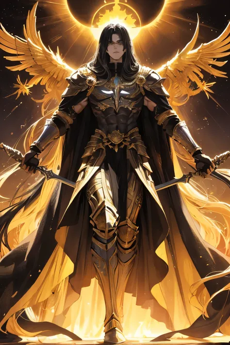 Deity of Solar and Obscurity, resplendent and menacing, stands tall, adorned in armor tinged with shadows. His long raven hair cascades down his back, contrasting the power exuding from his muscular frame. In one hand, he clutches a sword that emanates a b...