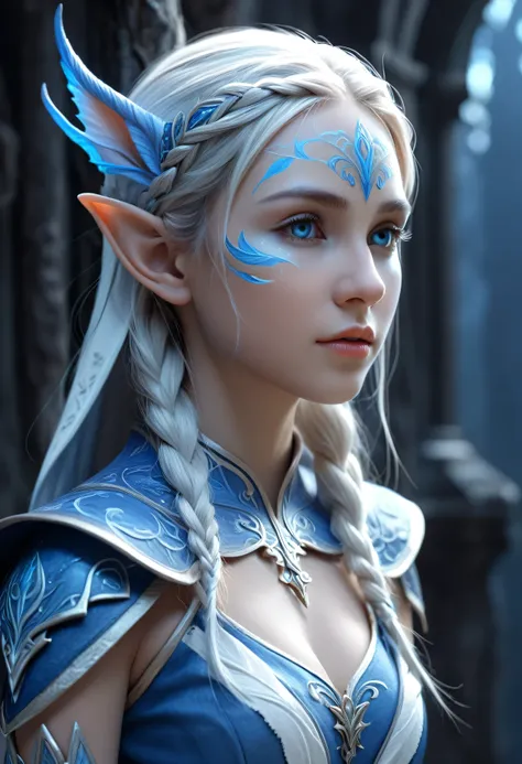 portrait of an elf entering a dark fantasy world, elaborately painted face, blue and white world, elf painted in blue and white,...