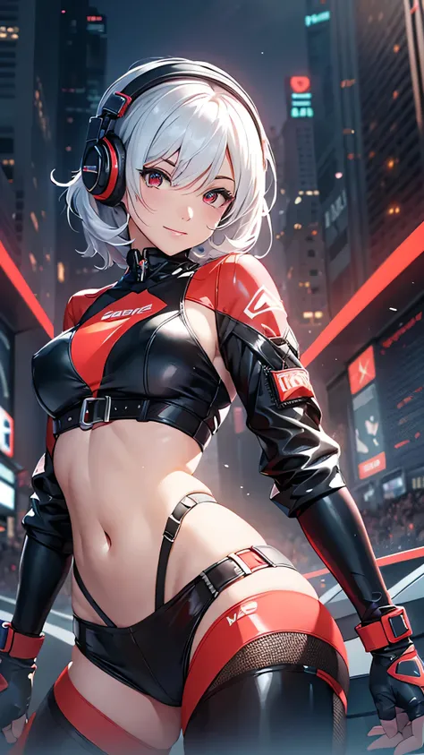 Highest quality、Highest quality、Masterpiece、girl((20-year-old、as soon as、Highest Bust、Medium Bust、Wide open chest、Red glowing eyes、Light Silver Hair、Shortcuts、Loincloth、thin、The best valley、Open chest、Full body view、Leather Tank Top、Leather pants、Smile、Lea...