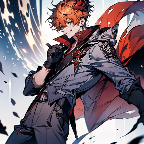 childe, solo, short hair, blue eyes, shirt, gloves, 1boy, hair between eyes, jewelry, jacket, male focus, earrings, black gloves, pants, orange hair, mask, single earring, red scarf, grey jacket, vision (genshin impact), mask on head, half gloves, grey pan...