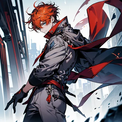 childe, solo, short hair, blue eyes, shirt, gloves, 1boy, hair between eyes, jewelry, jacket, male focus, earrings, black gloves, pants, orange hair, mask, single earring, red scarf, grey jacket, mask on head, half gloves, grey pants, red mask, dynamic pos...