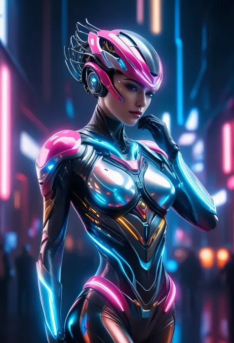 (best quality, 4k, 8k, highres, masterpiece:1.2), ultra-detailed, (realistic, photo realistic,photo-realistic:1.37),a beautiful detailed androgynous cyborg dancer, intricate futuristic costume, dramatic pose, glowing neon lights, cinematic lighting, highly...