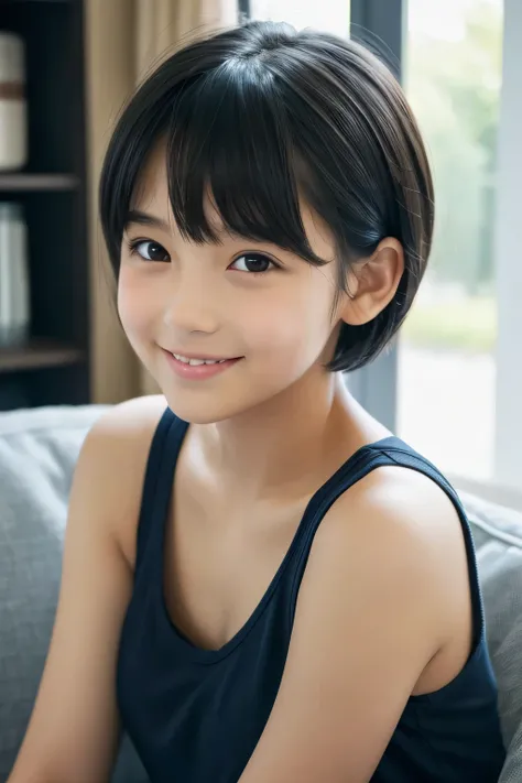 One girl,summer,Inside the room,sofa,Sit down,Black Hair,Fluffy short hair,Navy Blue,Tank top,smile,6th grade elementary school,Sharp features,front,Look here,transparent,  Soft Light,(masterpiece, Highest quality), Structure of the film, Like a movie