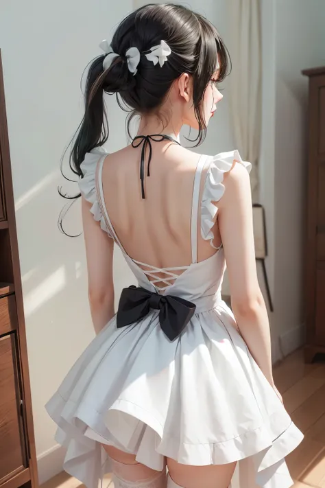 Innocence, Dark green hair, Twin tails, Put your arms behind your back, White Dress, Black waist tie, girl,blue eyes,