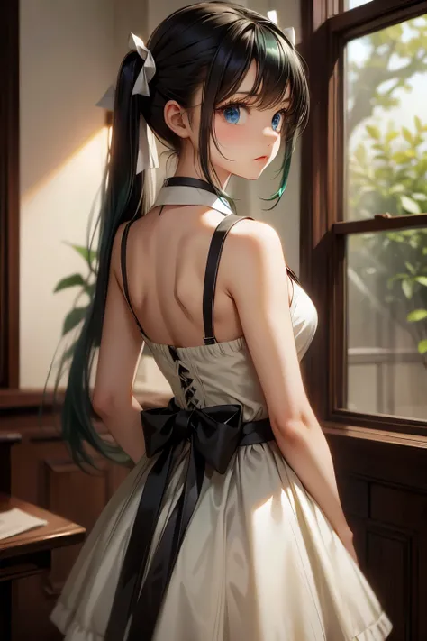 Innocence, Dark green hair, Twin tails, Put your arms behind your back, White Dress, Black waist tie, girl,blue eyes,