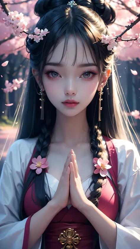 Certainly! Heres an English prompt for creating the desired image:

---

Create an image of the Japanese goddess Konohanasakuya-hime, showcasing her beauty with clear, flawless skin as seen in the reference photo. She should be facing forward, with hands c...