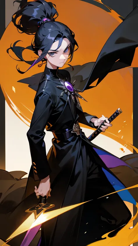 Psylock as a man , Black hair , Black pearl earings , Cool hairstyle , Idle Pose , Masterpiece , Black coat outfit , holds a black sword in her hand , no background