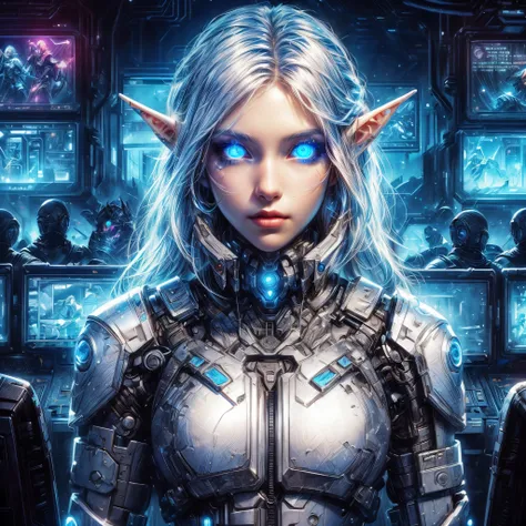 a close up of an elf woman in a futuristic suit with blue glowing eyes, cyberpunk robotic elvish queen, cyborg - girl with silver hair, machine elf, machine elves, female elf, cyborg merchant girl, detailed digital 2d fantasy art, elf girl, clothed in cybe...