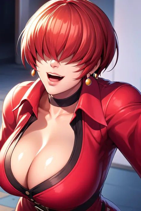 ,
Red outfit,Red jacket,choker, cleavage cutout, clothing cutout, 
earrings,
Red hair,bangs,((hair over eyes)),
1 girl, 20yo,Young female,Beautiful Finger,Beautiful long legs,Beautiful body,Beautiful Nose,Beautiful character design, evil face,
looking down...