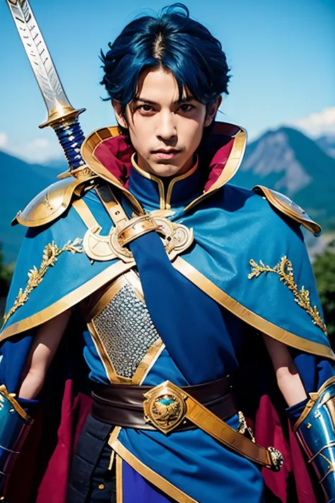 Blue Hair,male,Prince,Cape,sword,armor