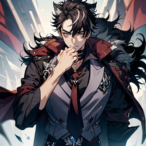 masterpiece, best quality, 1boy, wriothesley, black hair, multicolored hair, short hair, blue eyes, collared shirt, red necktie, jewelry, choker, black fur-trimmed coat on shoulders, sleeves rolled up, upper body, smile, fangs, cowboy shot, hand on waist