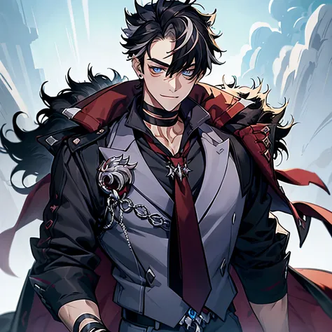 masterpiece, best quality, 1boy, wriothesley, black hair, multicolored hair, short hair, blue eyes, collared shirt, red necktie, jewelry, choker, black fur-trimmed coat on shoulders, sleeves rolled up, upper body, smile, fangs, cowboy shot, hand on waist