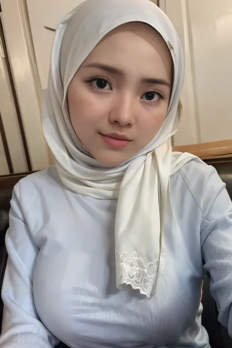 adorable, 1 girl, (face to face), 10 years old, baby face, happy, half body portrait, (face details: 1), (eye details: 1), ((big breasts)). wearing light blue long shirt, hijab, .. Cute posed. proportional body. Ultra High Res. realistic: 1.4, UHD