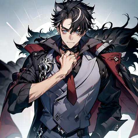 masterpiece, best quality, 1boy, wriothesley, black hair, multicolored hair, short hair, blue eyes, collared shirt, red necktie, jewelry, choker, black fur-trimmed coat on shoulders, sleeves rolled up, upper body, smile, fangs, cowboy shot, hand on waist