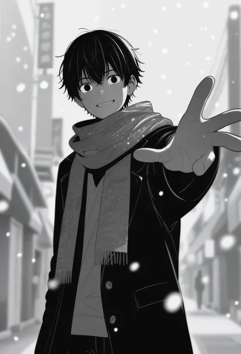 masterpiece, best quality, 1boy mamerakkkkko, grayscale, manga style, japanese, chi no wadachi, black eyes, street, iced, short ...