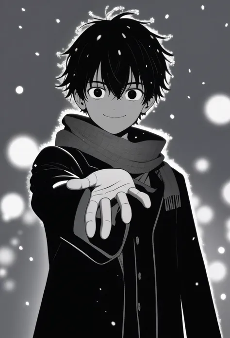 masterpiece, best quality, 1boy mamerakkkkko, grayscale, manga style, japanese, chi no wadachi, black eyes, street, iced, short black hair, smile, lineart, black coat, black scarf, black pants, centered, 18 years old, tall, fair skinned, bokeh background, ...