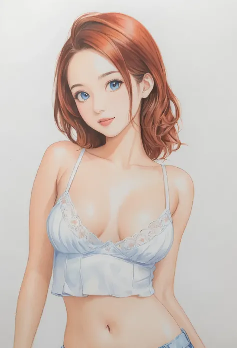  female，short camisole，white，Art，ad，colour pencil drawing，draft drawing 