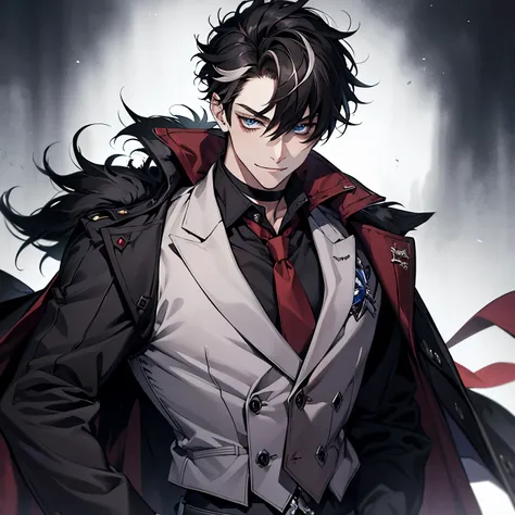 masterpiece, best quality, 1boy, wriothesley, black hair, multicolored hair, short hair, blue eyes, collared shirt, red necktie, jewelry, choker, black fur-trimmed coat on shoulders, sleeves rolled up, upper body, smile, fangs, cowboy shot, hand on waist