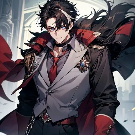 masterpiece, best quality, 1boy, wriothesley, black hair, multicolored hair, short hair, blue eyes, collared shirt, red necktie, jewelry, choker, black fur-trimmed coat on shoulders, sleeves rolled up, upper body, smile, fangs, cowboy shot, hand on waist
