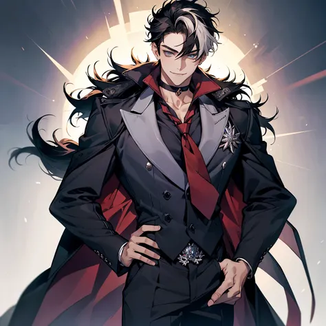 masterpiece, best quality, 1boy, wriothesley, black hair, multicolored hair, short hair, blue eyes, collared shirt, red necktie, jewelry, choker, black fur-trimmed coat on shoulders, sleeves rolled up, upper body, smile, fangs, cowboy shot, hand on waist, ...