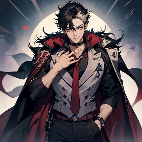 masterpiece, best quality, 1boy, wriothesley, black hair, multicolored hair, short hair, blue eyes, collared shirt, red necktie, jewelry, choker, black fur-trimmed coat on shoulders, sleeves rolled up, upper body, smile, fangs, cowboy shot, hand on waist, ...