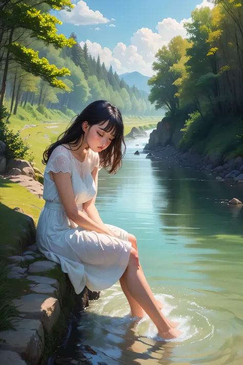 A landscape in which there is a river flowing , agirl sit on shore in a white frock hugging her legs , wind is blowing and hairs are little flying , he is ina deep thoughts