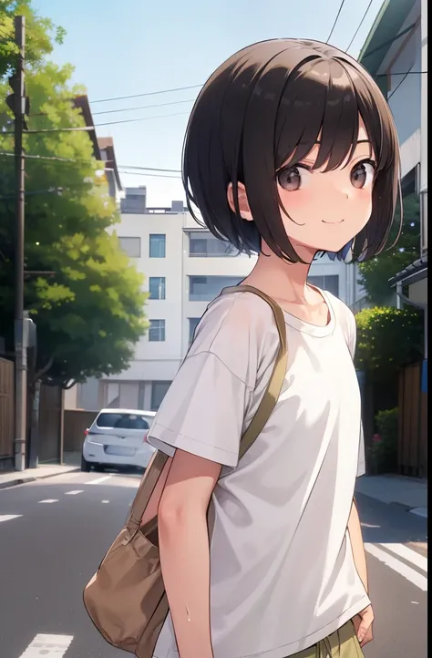 Residential Street,smile,Are standing,Put your hands behind your back,confused eyes,1 ,boyish.Two-block shorthair,Black Hair,blush,White T-shirt,Olive green shorts,Brown Sandals,White skin,summer,From below,Open your hands,shy,Sweat,Please open your mouth ...