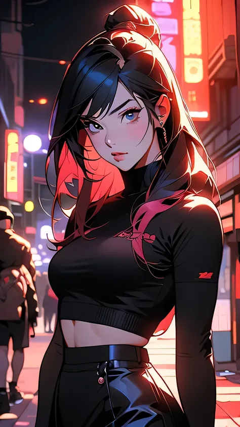 Anime girl standing on a city street wearing a leather skirt and black erotic underwear, Ilya Kuvshinov with long hair, Guviz style artwork, Anime Art Wallpapers 8K, Art Station「Pysif」Mr. Gwitz, ピシヴArt Stationのグウィズ, Cyberpunk anime art, (Dynamic pose)､ mas...