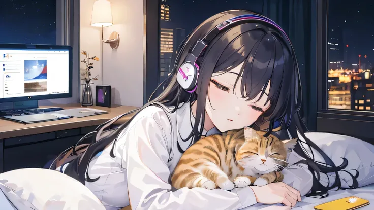 ((Highest quality)), ((masterpiece)), (Familiar), Perfect Face,Sleeping girl、Futuristic room、Night Sky、Headphones、Whole room、computer、Nearby cats
