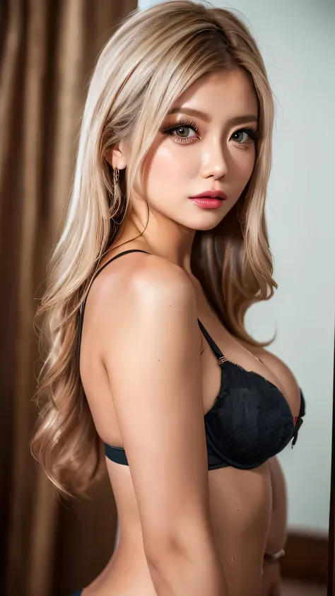 (8K、Raw photo、Highest quality、masterpiece:1.2)、(Realistic、Photorealistic:1.37)、Ultra-detailed、Ultra-high resolution、Seeing the viewer、Beautiful and well-proportioned face,Asian,Gal,model, Dark blonde long,Lip gloss（Wet lips）,Big Breasts,Shiny bright colore...