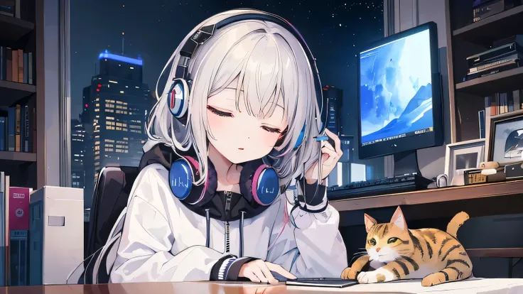 ((Highest quality)), ((masterpiece)), (Familiar), Perfect Face,Sleeping girl、Futuristic room、Night Sky、Headphones、Whole room、computer、Nearby cats
