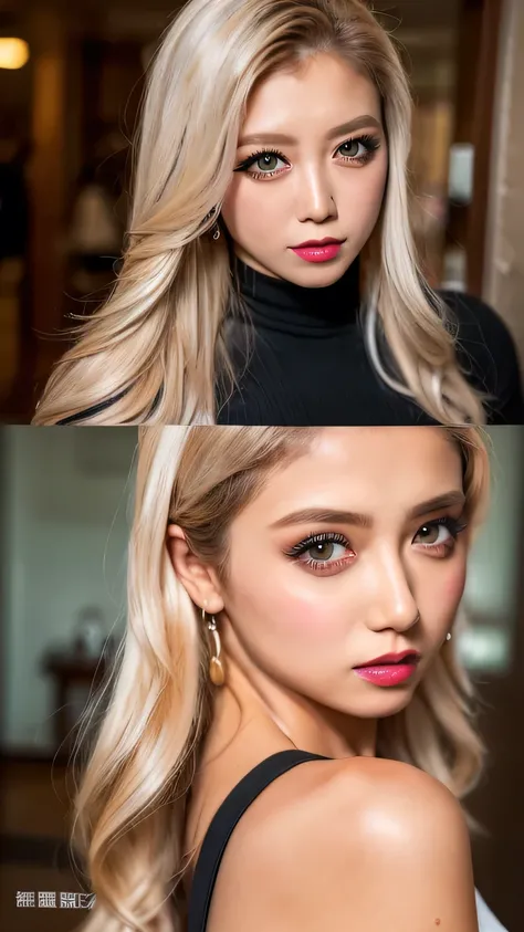 (8K、Raw photo、Highest quality、masterpiece:1.2)、(Realistic、Photorealistic:1.37)、Ultra-detailed、Ultra-high resolution、Seeing the viewer、Beautiful and well-proportioned face,Asian,Gal,model, Dark blonde long,Lip gloss（Wet lips）,Big Breasts,,Sunburned skin,Bea...