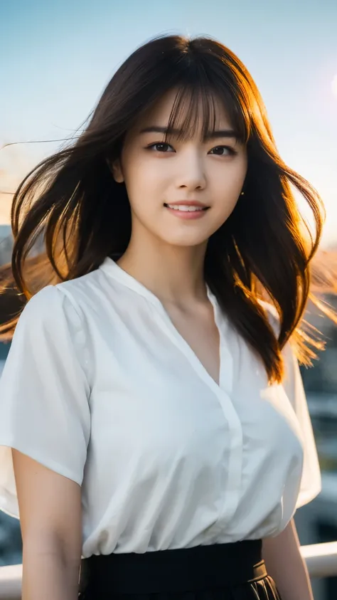 (highest quality,masterpiece:1.3,Ultra-high resolution),(Super detailed,Caustics,8k),(Photorealistic:1.4,RAW shooting),(Buckshot),Japanese,23 years old,cute,Are standing,(Smiling and looking at the camera),Black Hair Middle Hair,Big Breasts,White blouse,Kn...