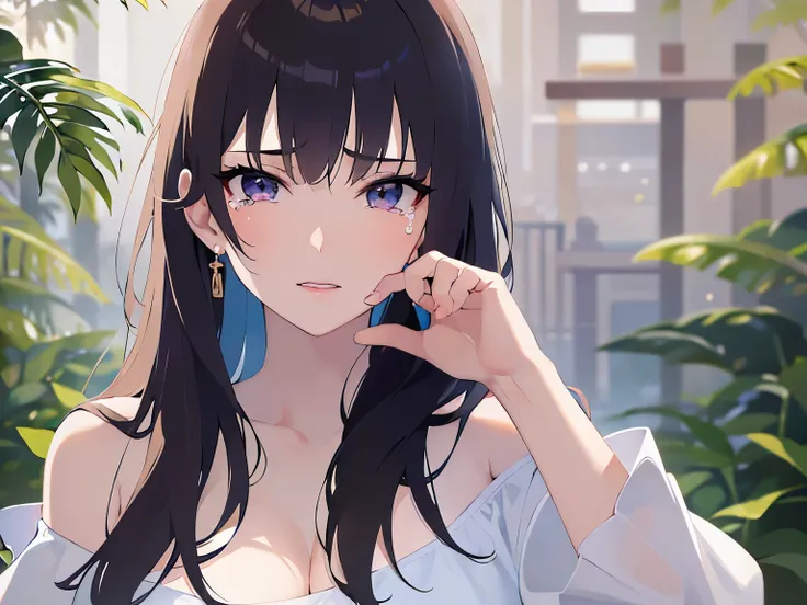 Detailed CG,Ultra-fine illustrations,masterpiece,Highest quality,Upper Body,Realistic,real person,(Pale skin:1.2),Shiny skin,Shiny Hair,(A 26-year-old woman with straight hair and bangs)and(Medium Hair)and(Black Hair)and(Purple eyes),BREAK(white off should...