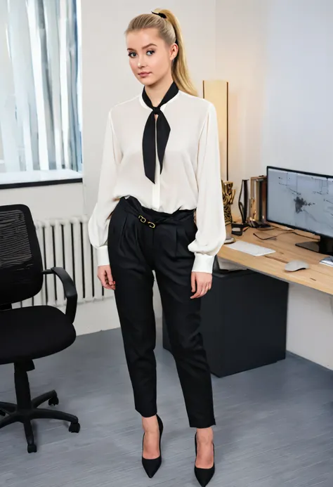 photo-realistic full-length picture of beautiful twenty-year-old Sandra, her blonde hair is tied back in a ponytail with a black ribbon, she has subtle gold studs in her ears. she wears a white silk blouse, and black linen slacks over 1” black pumps, she s...