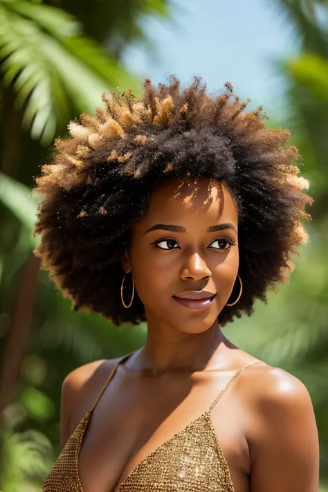 une femme nu, cheveux afro, la peau couverte de miel, background nature