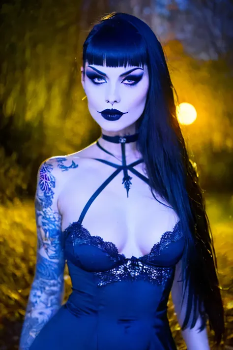 Generphie a hyper-realistic image thphi employs the shallow depth of field technique, Head and shoulders portrait to highlight a beautiful gothic (((vampire))) girl wearing a gothic dress, (Long flowing hair with bangs)),skull tattoo, ((heavy make-up)) , p...