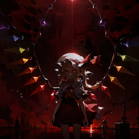 Flandre Scarlet Sky hat standing and looking at the camera at night，Black face