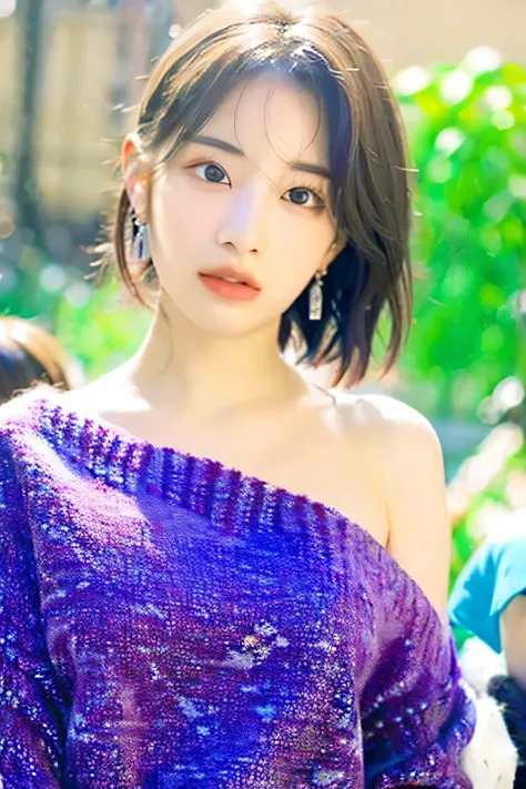 Highest quality, Ultra-high resolution, (Realistic:1.4), 1 Girl, (Urzan-6500:1.0), K-Pop Idols, (Intricate shoulder knit), Silver long hair, elaborate earrings, sexy,whole body,Long beautiful legs