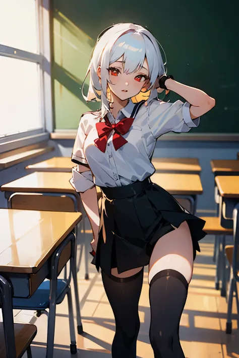 ((best quality)), ((masterpiece)), (detailed), 1girl, anime girl, white hair, 
High school students, playful tags,Classroom background, black stockings, sexy,4k quality,Vitality girl,red pupils,