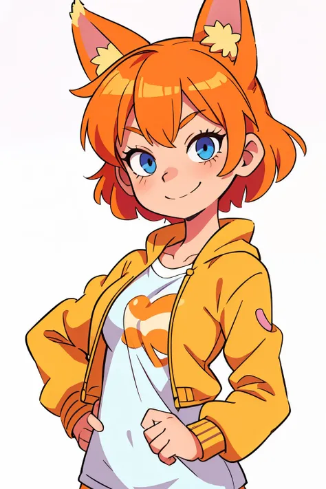 Solo, 1girl, orange hair, short hair, fox ears, fox nose, blue eyes, closed mouth, smile, white t-shirt, yellow jacket, anime, lilac jacket, pink sleeve, yellow sleeve, yellow background