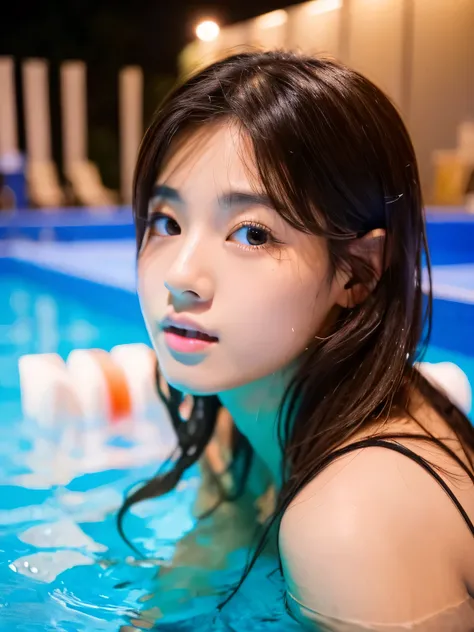 highest quality, masterpiece, Ultra-high resolution, (Realistic:1.4), RAW Photos, Completely naked, The most famous Japanese idols have a great time at the night pool, teenager, (Variety of faces, Very cute face, Very beautiful face, Very childish face, Ve...