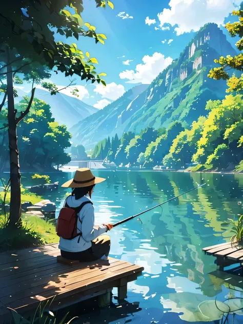 Woman fishing alone on a lake、Long fishing rod、Daytime、Sit by the lake、I&#39;m a little 、Wearing a hoodie、summer、Crystal clear water