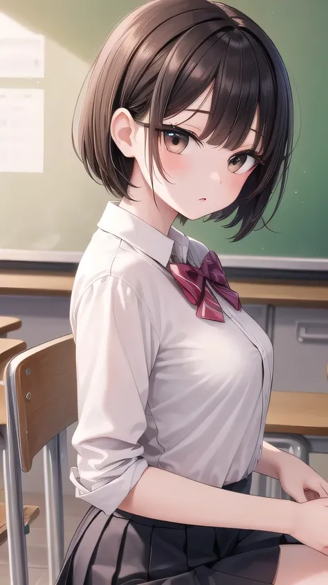 solo girl, 20 years old,sitting,from side,very short hair,black hair,brown eyes, small breast,half sleeves shirts,bowtie,pleated skirt,classroom,insanely detailed, absurdres, ultra-highres, ultra-detailed, best quality, slender, kawaii, perfect symmetrical...
