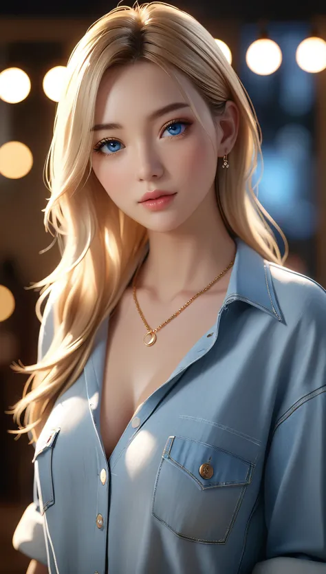 best quality, masterpiece, High resolution, portrait, actual, blue eyes, blond, Large Breasts, 8K resolution, high qualityCG, Beautiful CG, Soft Light, fashion brand image, Fashionable and casual, The Tyndall effect, lifelike, studio, Side lighting, (HD Sk...