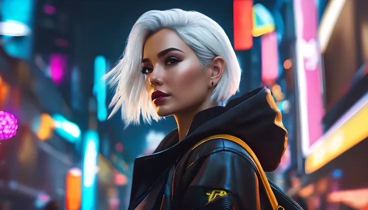 arafed woman with a white hair in a city, cyberpunk 2077 (vivid colors:1.2, photo realistic:1.6, award winning:1.8), (best quali...