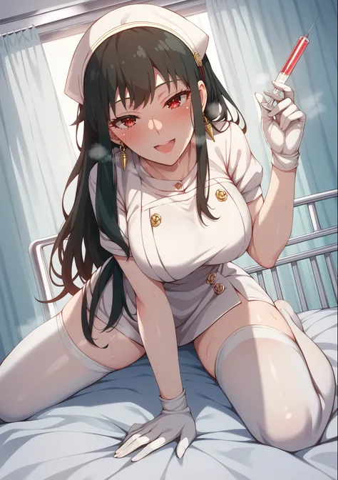 score_9, score_8_up, score_7_up, score_6_up, uncensored, Yor Briar, black hair, earrings, white hairband, hairband, long hair, sidelocks, red eyes, naughty face, shiny skin, sweating, steaming body, heavy breathing, BREAK (masterpiece:1.2), best quality, h...