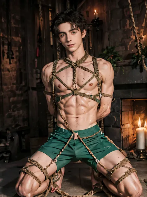 elio, (((19 year old, skinny, lean))), smile (((wearing gym shorts))) biceps flexed, kneeling, ((((trussed up completely with ro...